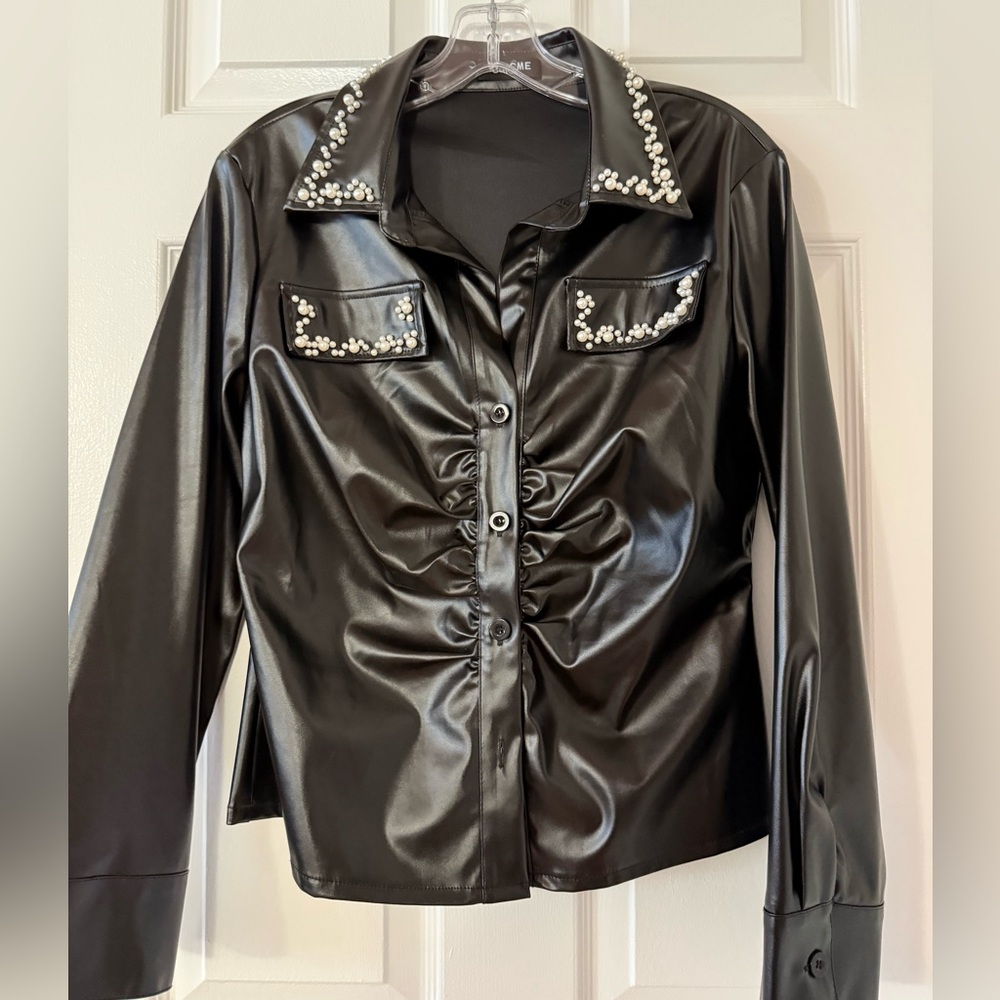 T155- Chic Black Blouse with Pearl Accents